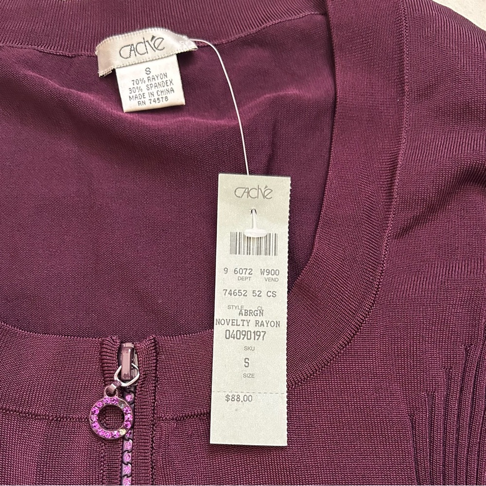 Cache Purple Rhinestone Zipper Rib Knit Long Sleeve Top Stretch S Cotton Spandex - Picture 2 of 7